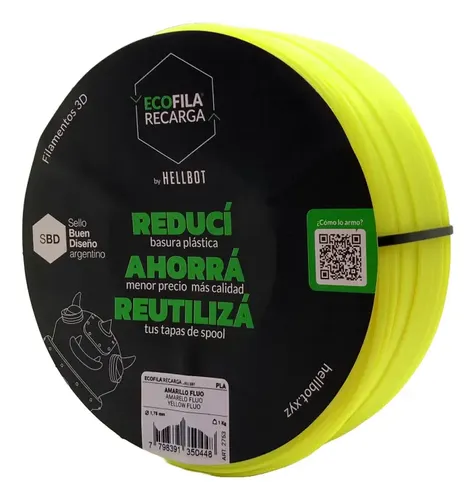 Filamento Hellbot Ecofila Recarga Pla 1,75mm 1kg V2 Color Amarillo Fluo