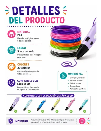 Repuesto Filamento Pla Lapiz 3d X100m 20 Colores