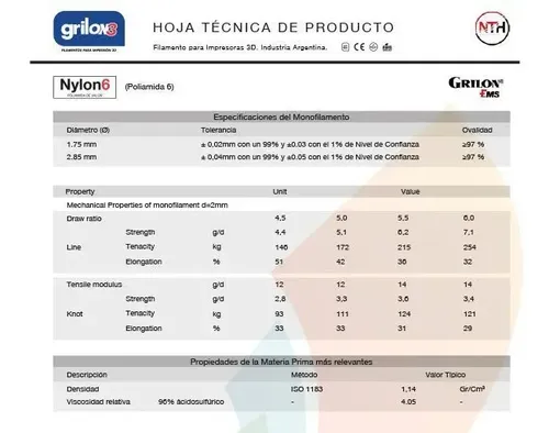 Filamento 3D Grilon3 Nylon 6 de 1.75mm y 1kg natural