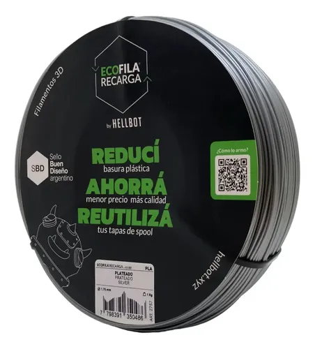 Filamento Hellbot Ecofila Recarga Pla 1,75mm 1kg V2 Color Plateado