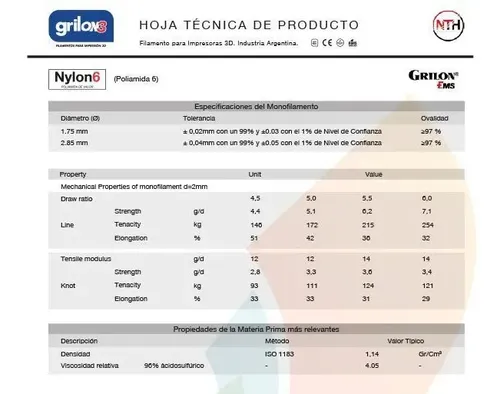 Filamento 3D Grilon3 Nylon 6 1.75mm 1kg Blanco para Engranajes