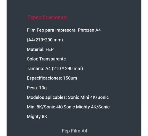 Film Fep A4 P/ Impresora Phrozen 3d. 2 Unidades