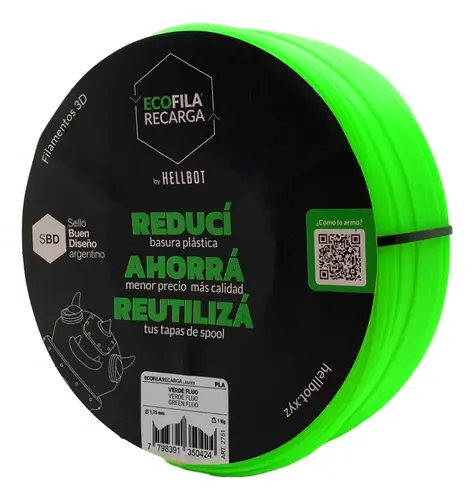 Filamento Hellbot Ecofila Recarga Pla 1,75mm 1kg V2 Color Verde Fluo