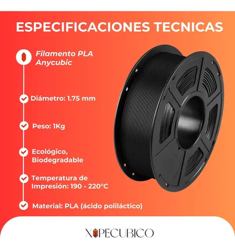 Filamento Pla Anycubic 1kg Alta Calidad Y Precisión 1.75mm Color Negro