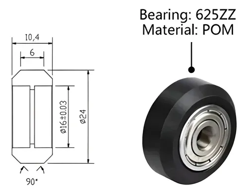 Rueda Pom V-slot Ranurada Ø24mm Ancho 11mm Negra 625zz 3d