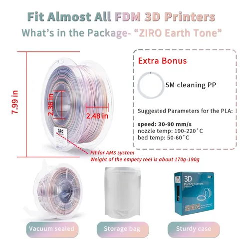 Filamento Ziro Pla 3d, Cambio De Color Gradiente, 1kg Earth Tone(silk)